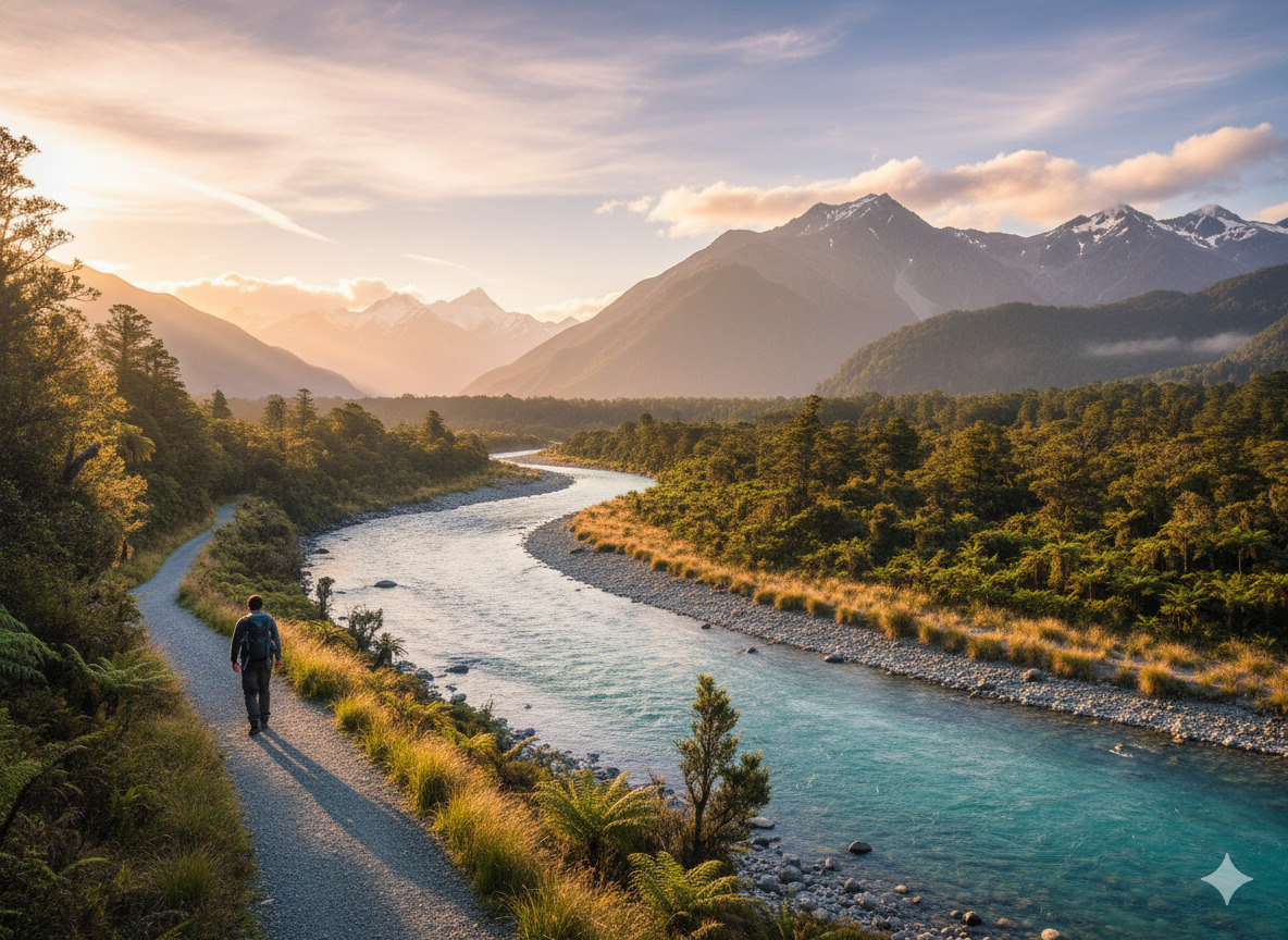 Person walking along a New Zealand riverside path